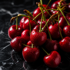 Fresh Dutch cherries on dark marble — glossy scarlet fruit with long stems