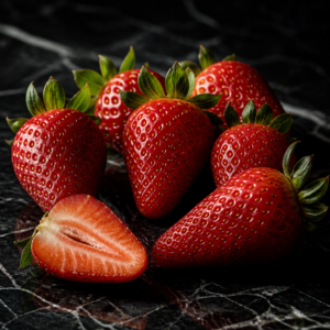 French strawberries on dark marble — elongated scarlet berries with green calyx