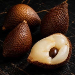 Snake fruit salak on dark marble — scaled reddish-brown skin with ivory flesh